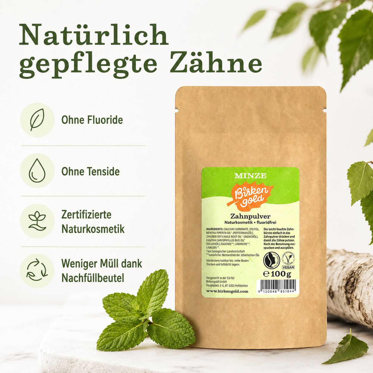 Birkengold Zahnpulver Minze als zertifizierte Naturkosmetik im nachhaltigen Nachfüllbeutel