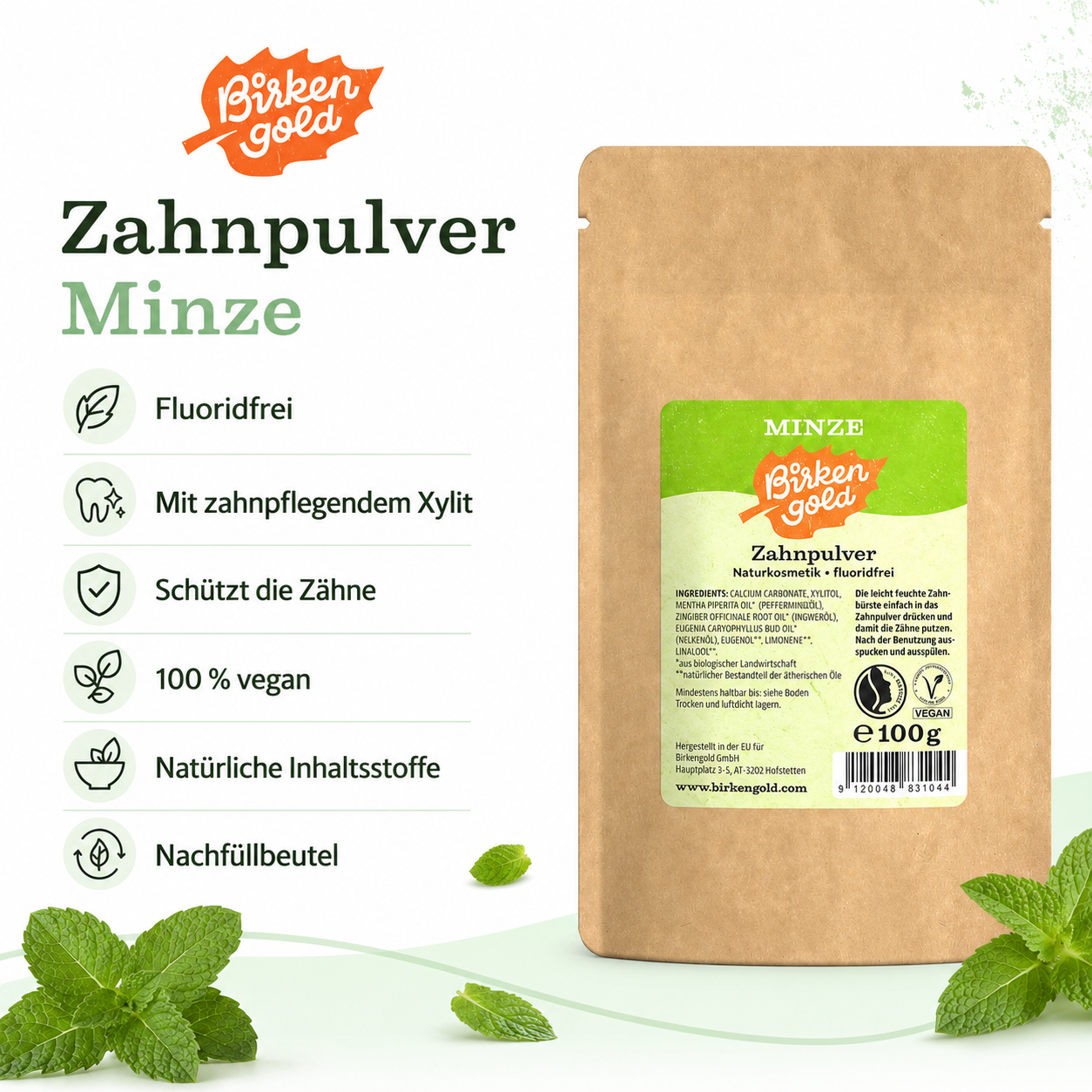 Birkengold Zahnpulver Minze mit Xylit – fluoridfrei, vegan und mit natürlichen Inhaltsstoffen