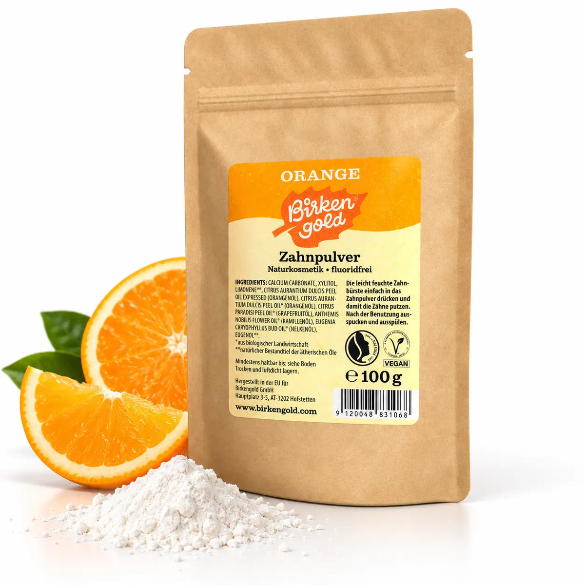 Birkengold Zahnpulver Orange 100 g mit Orange und weißem Zahnpulver