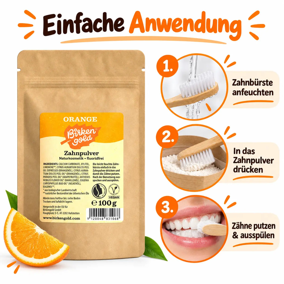 Anwendung des Birkengold Zahnpulvers Orange mit angefeuchteter Zahnbürste
