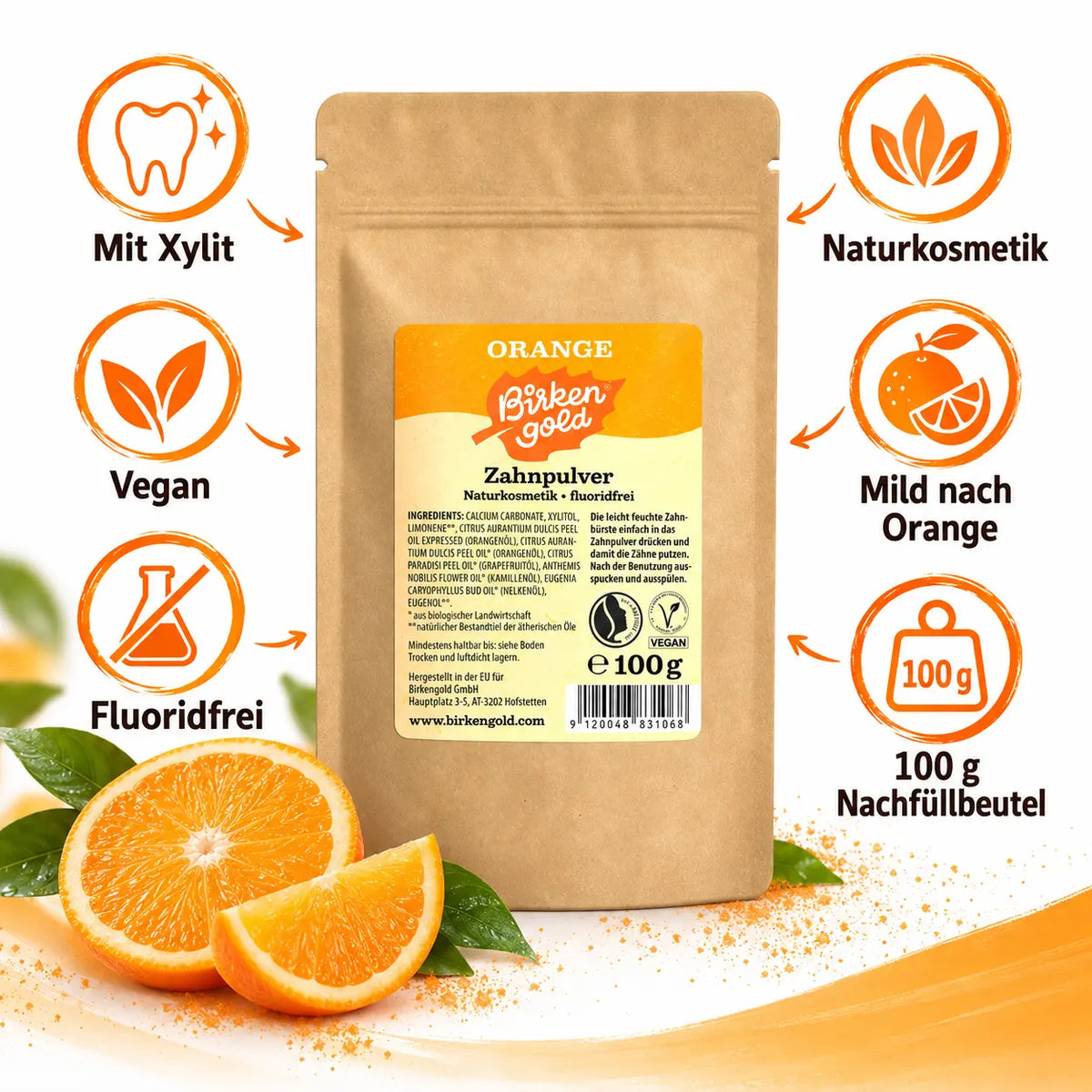 Birkengold Zahnpulver Orange – vegan, fluoridfrei, mit Xylit und Naturkosmetik