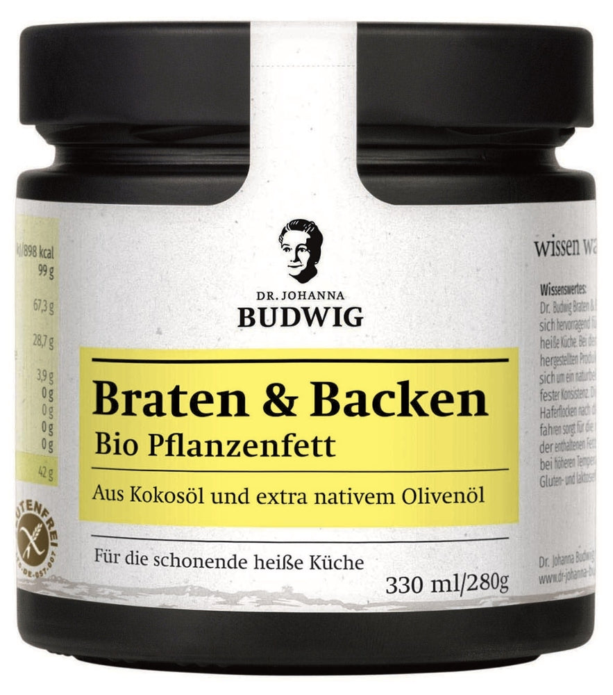 Dr. Johanna Budwig Braten & Backen Bio Pflanzenfett, 330 ml / 280 g. Glas mit schwarzem Schraubdeckel, weißes Etikett mit gelbem Bereich und schwarzer Schrift. Enthält Kokosöl und extra natives Olivenöl, geeignet für die schonende heiße Küche.