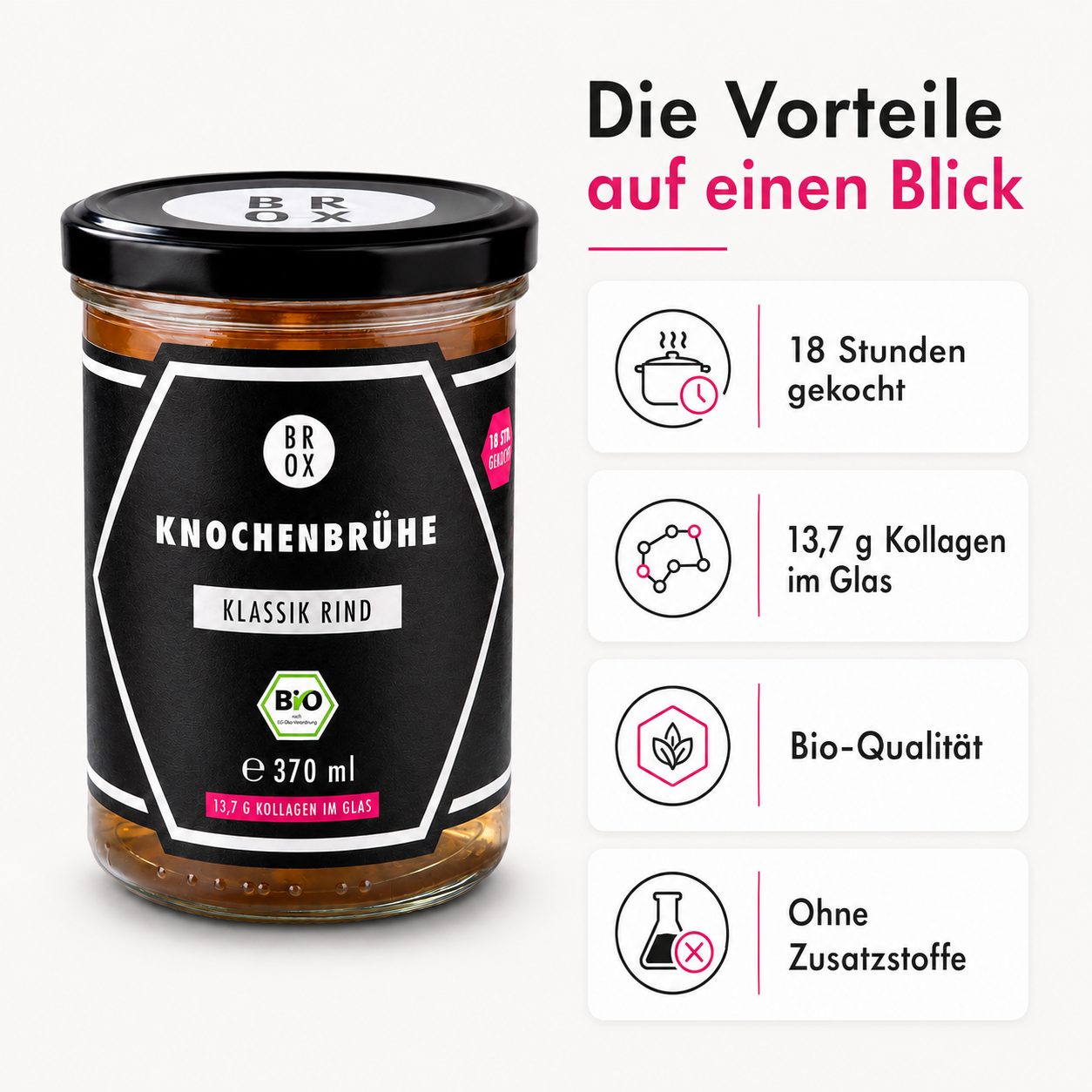 BROX Bio Knochenbrühe Klassik Rind mit Vorteilen: 18 Stunden gekocht, Kollagen, Bio-Qualität und ohne Zusatzstoffe