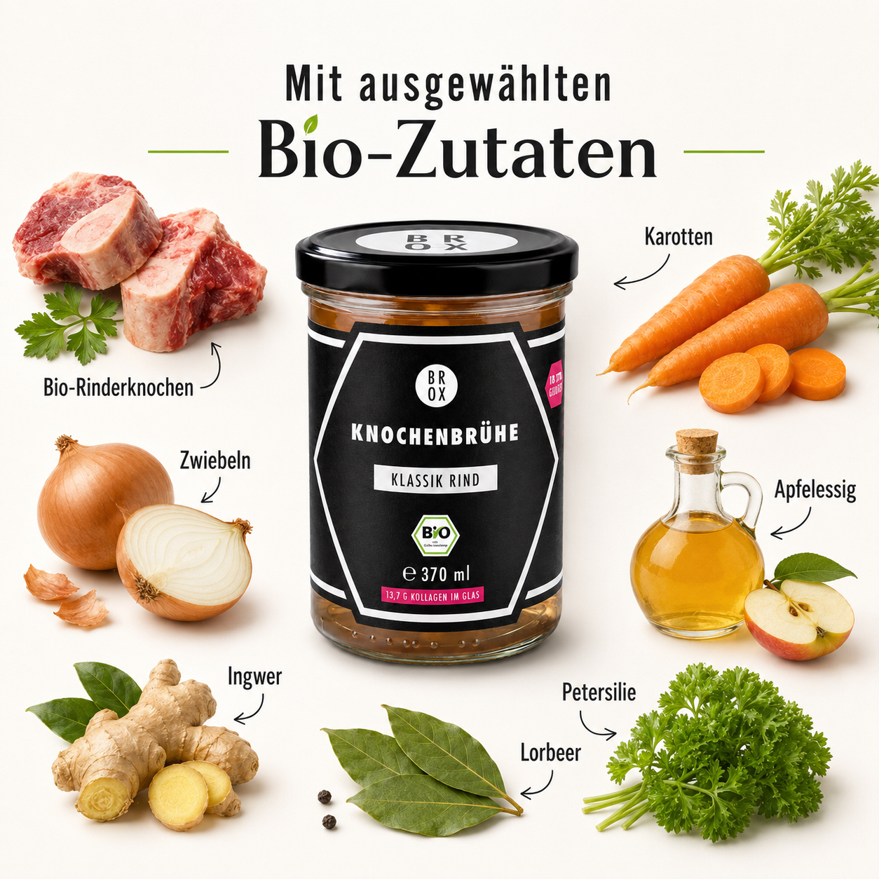 BROX Knochenbrühe Klassik Rind mit Bio-Rinderknochen, Karotten, Zwiebeln, Apfelessig, Ingwer, Petersilie und Lorbeer