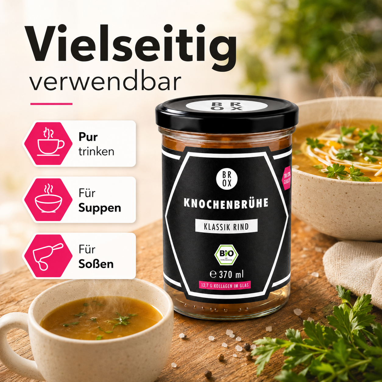 BROX Rinder-Knochenbrühe vielseitig verwendbar zum pur Trinken, für Suppen und als Basis für Soßen