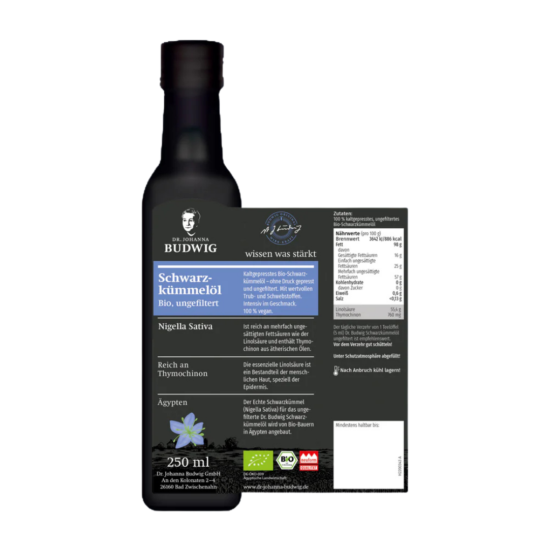 Budwig Schwarzkümmelöl ungefiltert Bio – kaltgepresst