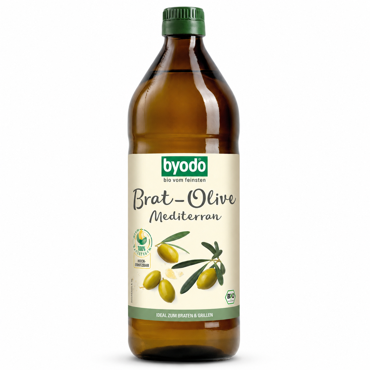 Byodo Brat-Olive Mediterran Bio-Olivenöl 0,75 l in der Glasflasche vor weißem Hintergrund