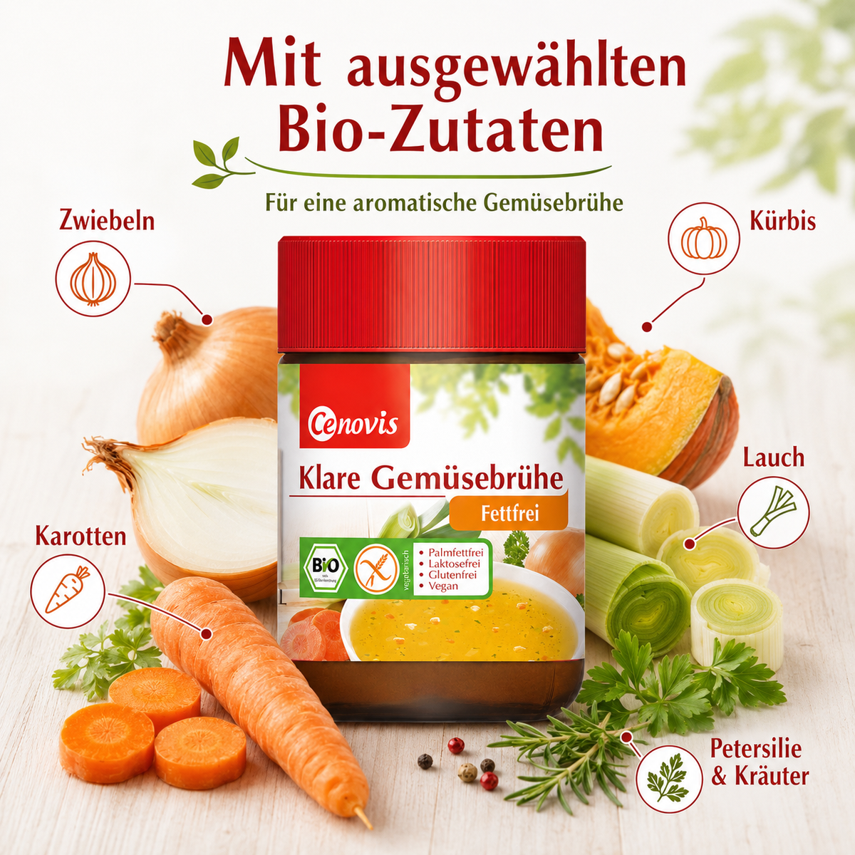 Cenovis Bio-Gemüsebrühe mit Zwiebeln, Karotten, Lauch, Kürbis, Petersilie und Kräutern