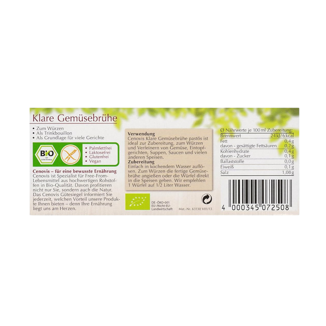 Cenovis Klare Gemüsebrühe Bio – Verpackung mit Nährwerttabelle und Zubereitungshinweisen
