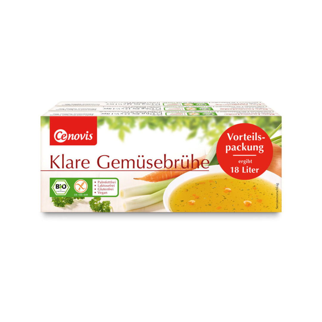 Cenovis Klare Gemüsebrühe Bio – Frontalansicht der großen Vorteilsverpackung