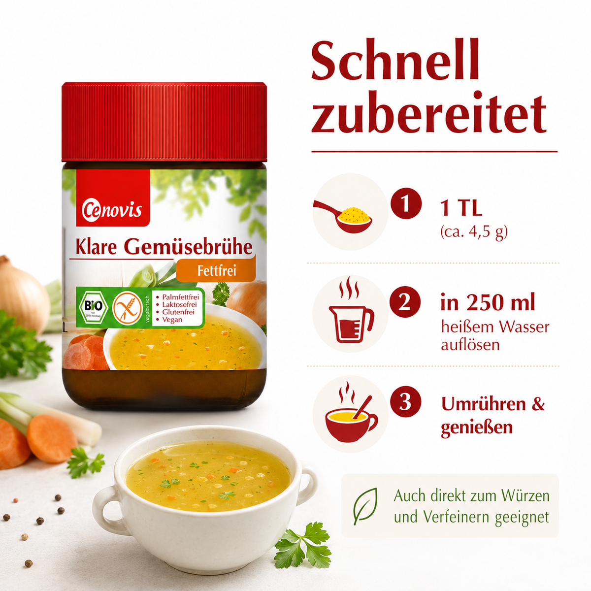 Zubereitung der Cenovis Gemüsebrühe mit einem Teelöffel auf 250 ml heißem Wasser