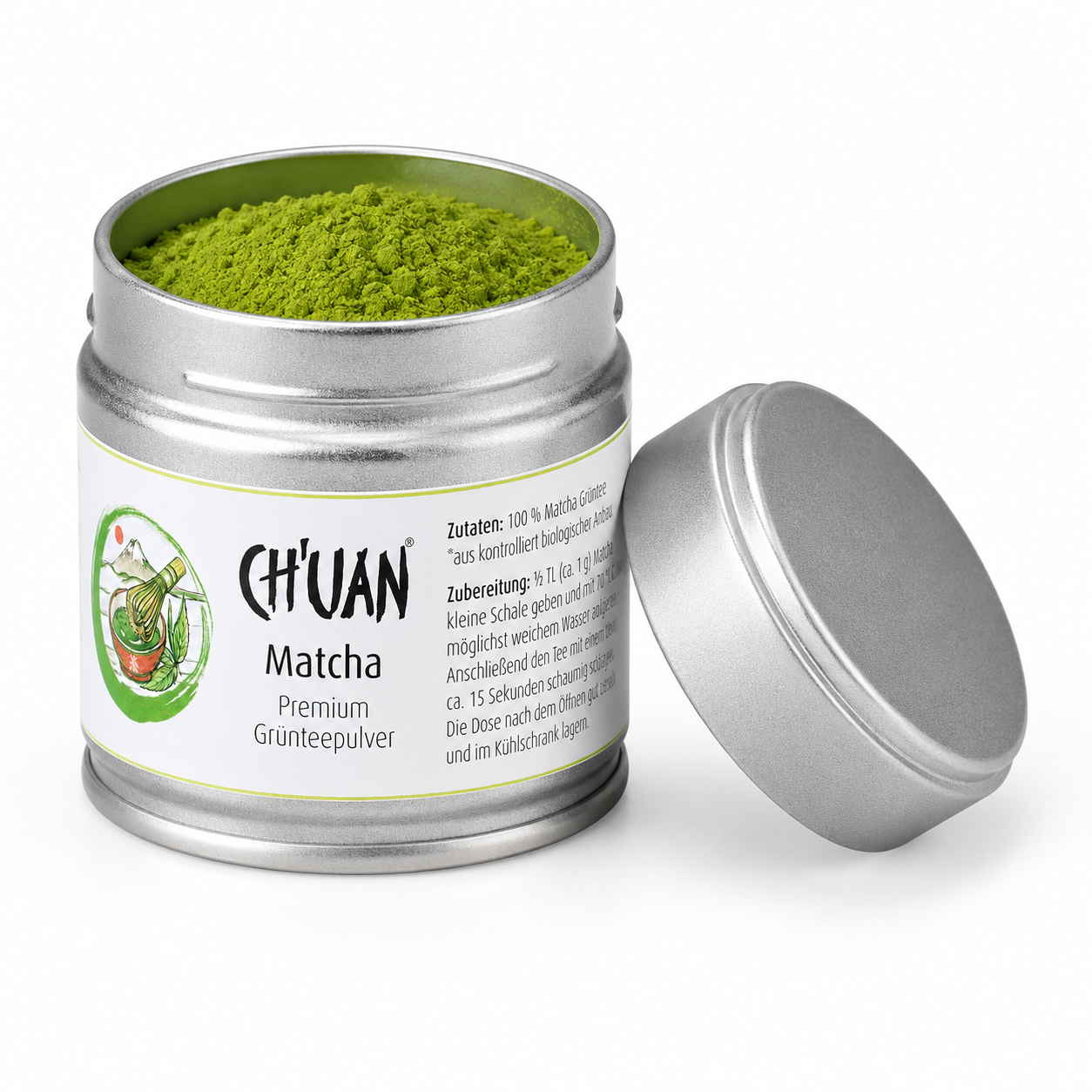 Geöffnete Dose CH'UAN Matcha bio 30 g mit fein gemahlenem grünem Matcha-Pulver