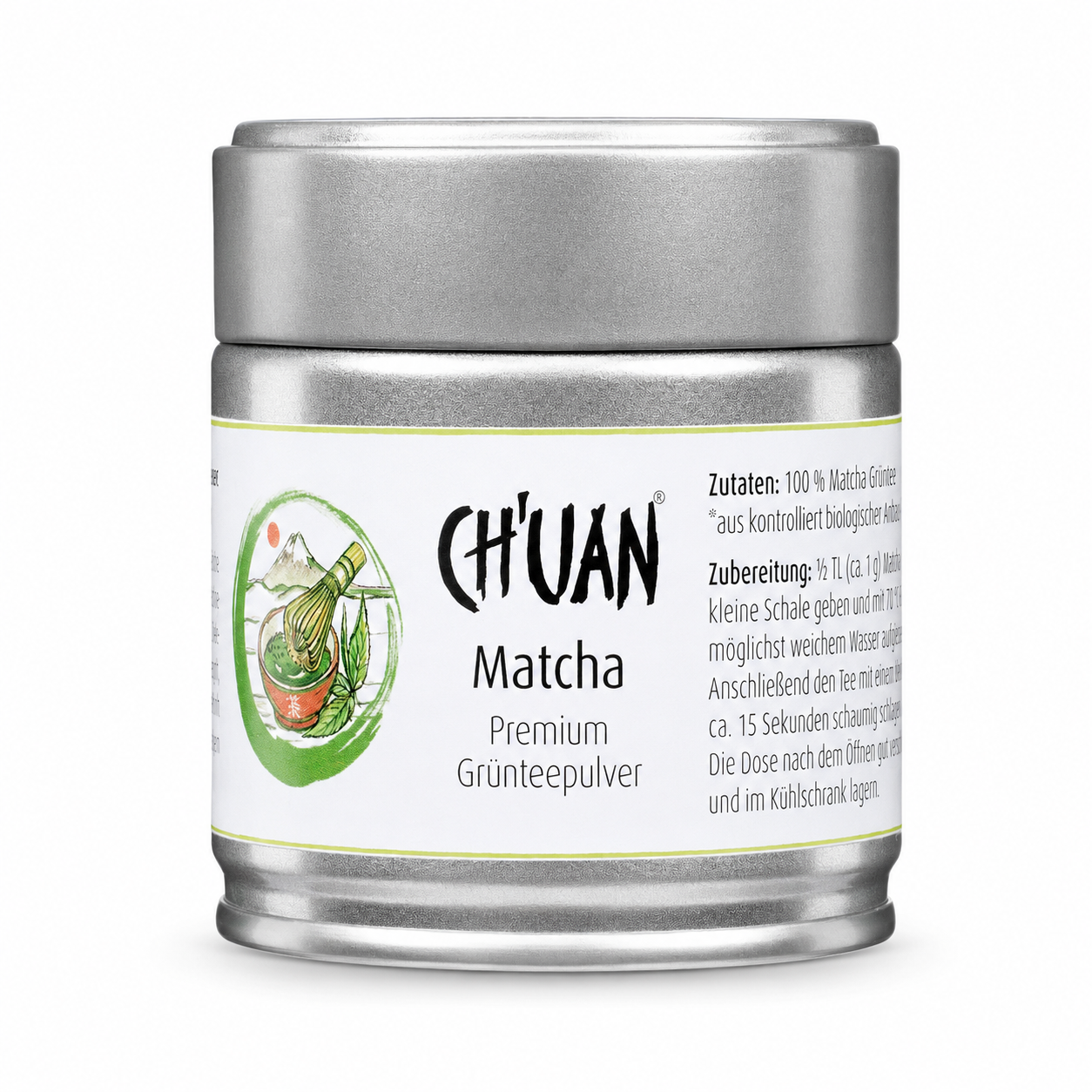 CH'UAN Matcha bio 30 g – Premium Grünteepulver in silberner Dose