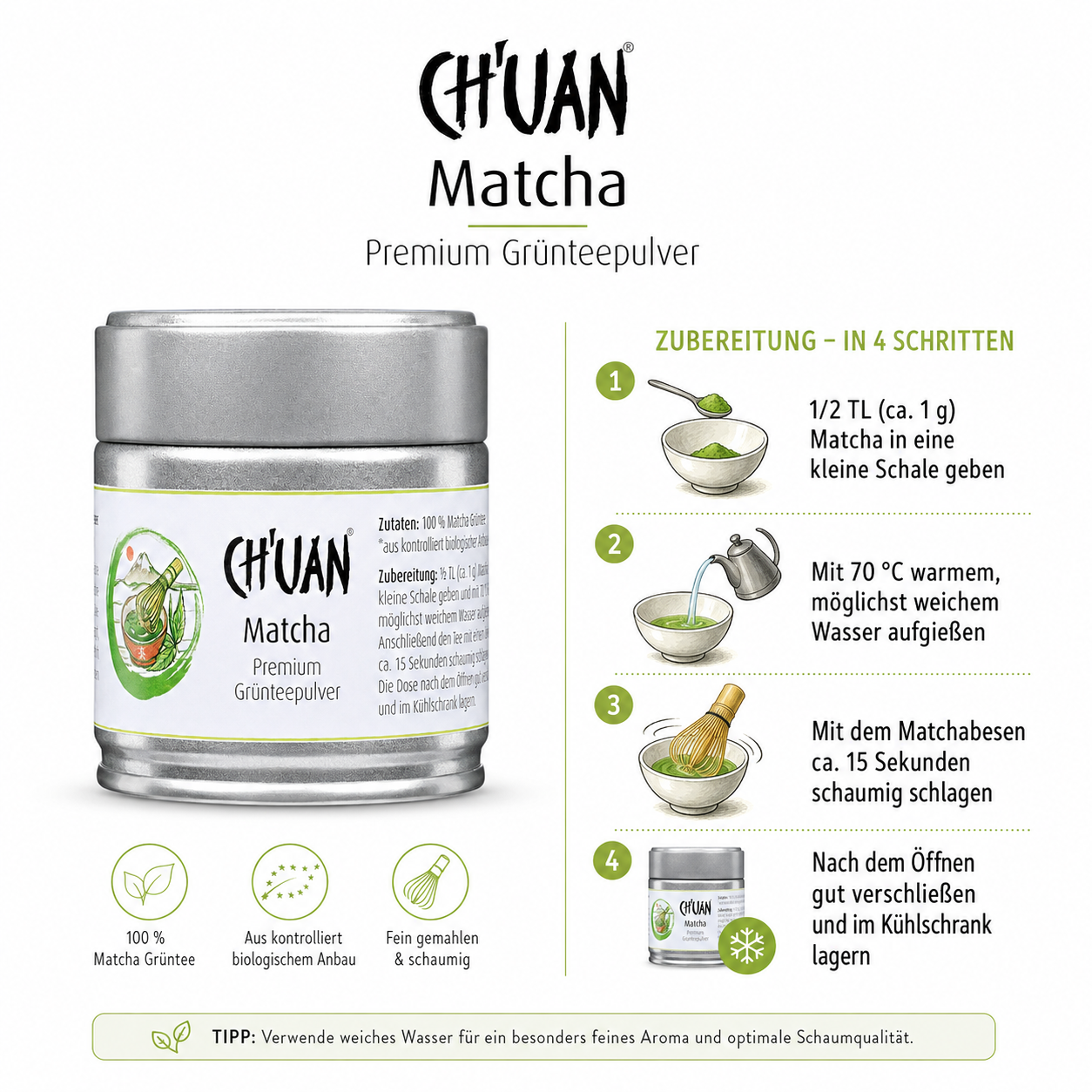 Zubereitung von CH'UAN Matcha bio mit Wasser, Matchaschale und Matchabesen