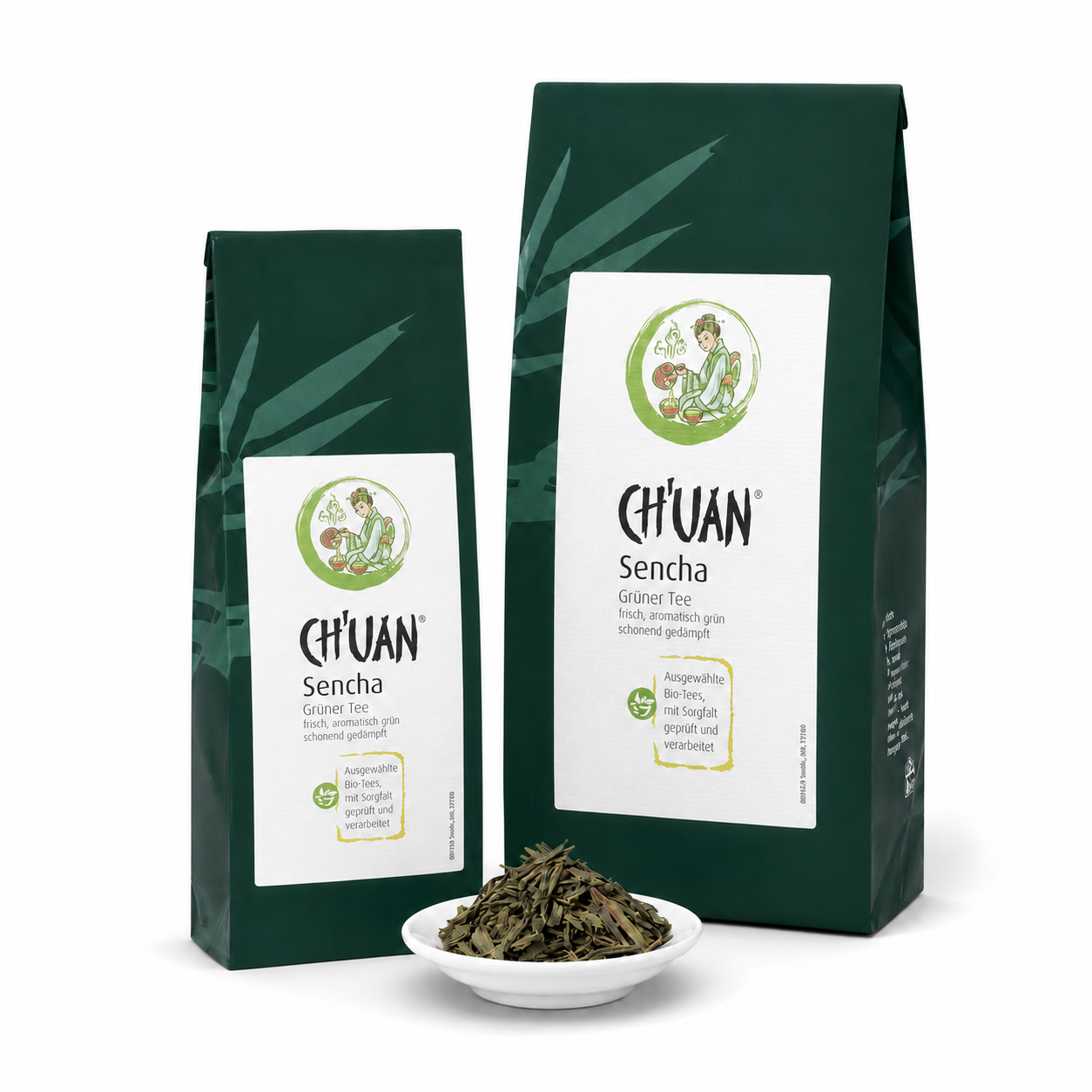 CH'UAN Sencha Grüner Tee in zwei Packungsgrößen mit losem Sencha Tee in einer Schale