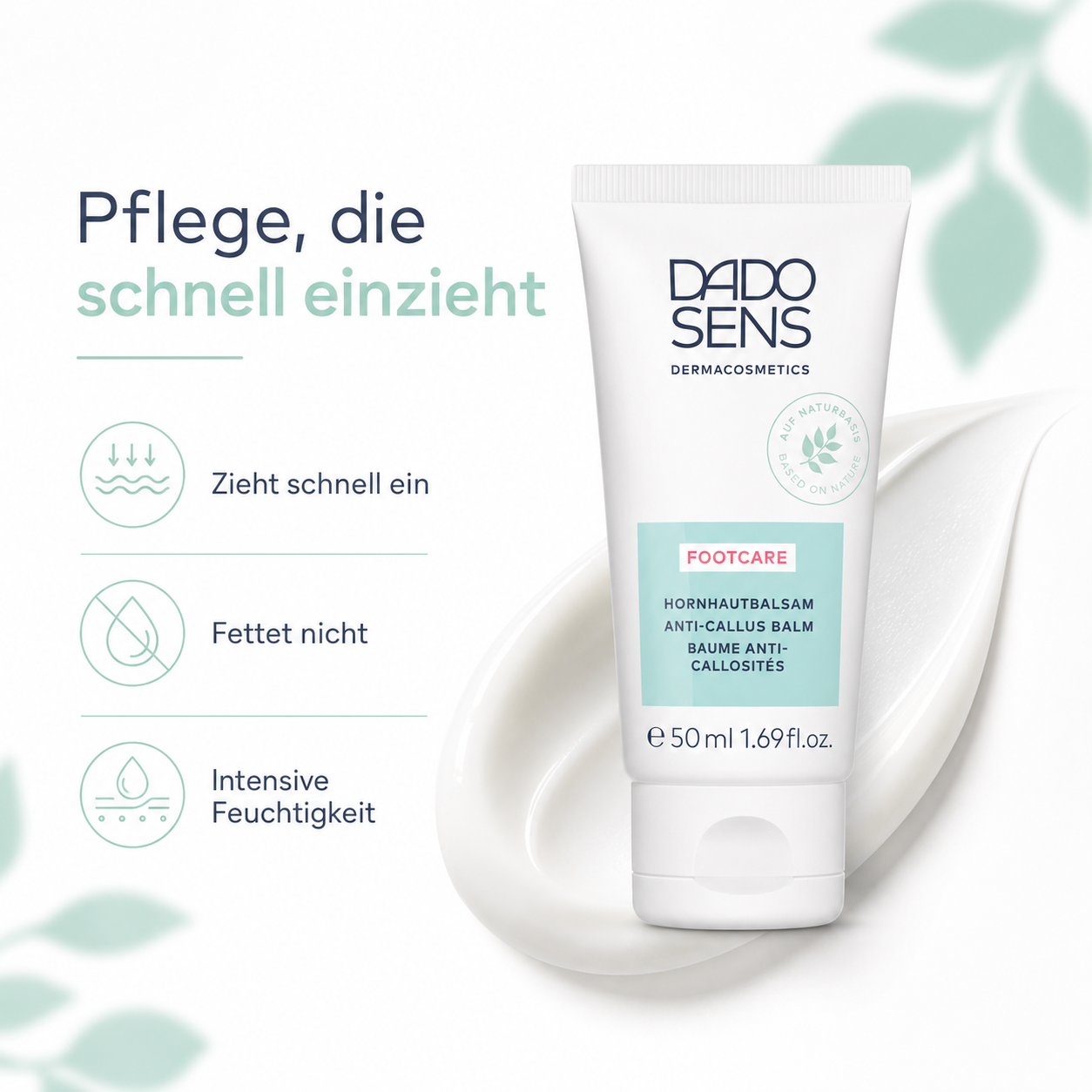 Schnell einziehende, nicht fettende Textur des DADO SENS Hornhautbalsams für intensive Feuchtigkeit