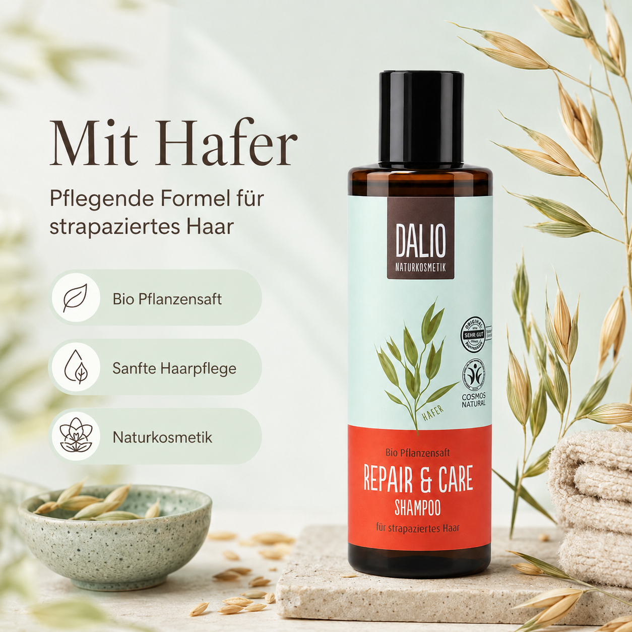 DALIO Naturkosmetik Shampoo mit Hafer für sanfte Haarpflege bei strapaziertem Haar