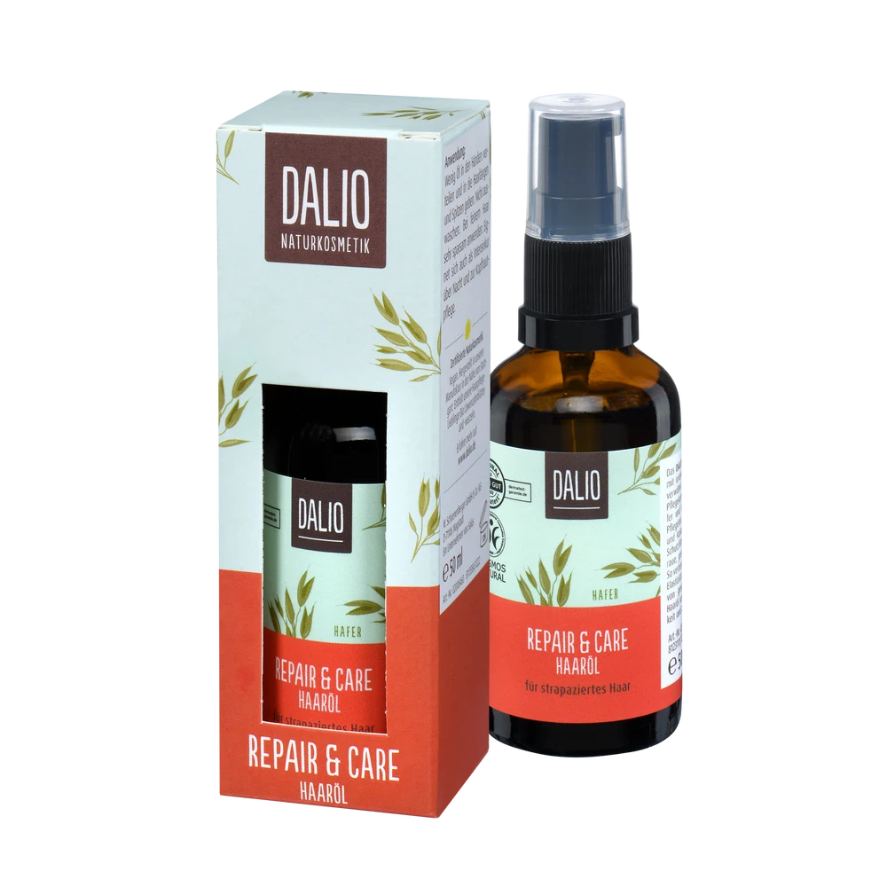 DALIO Repair & Care Haaröl 50 ml – Flasche und Verpackung als Set, zertifizierte Naturkosmetik von Schoenenberger