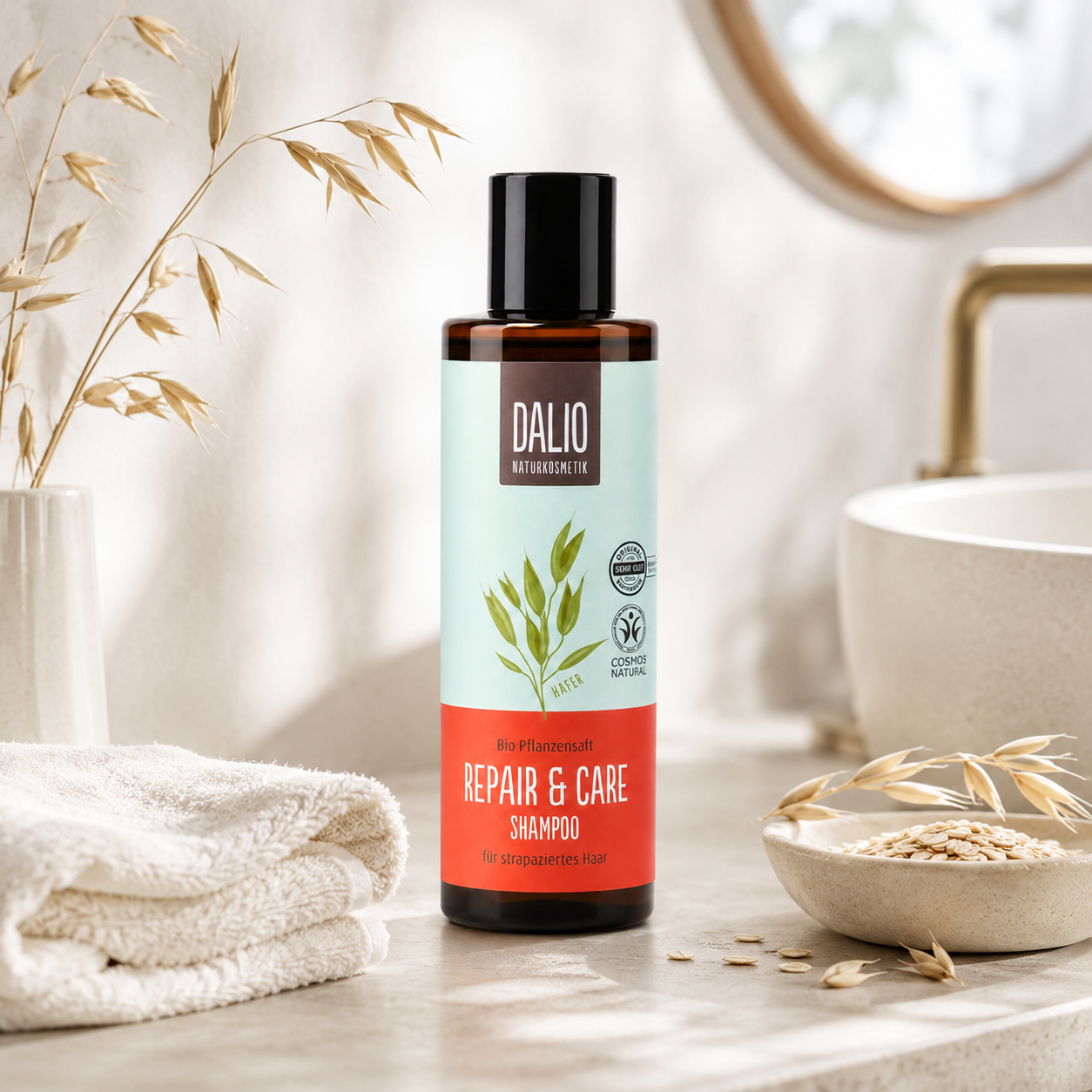 DALIO Repair & Care Shampoo 200 ml im Badezimmer mit Hafer und natürlicher Pflegeoptik