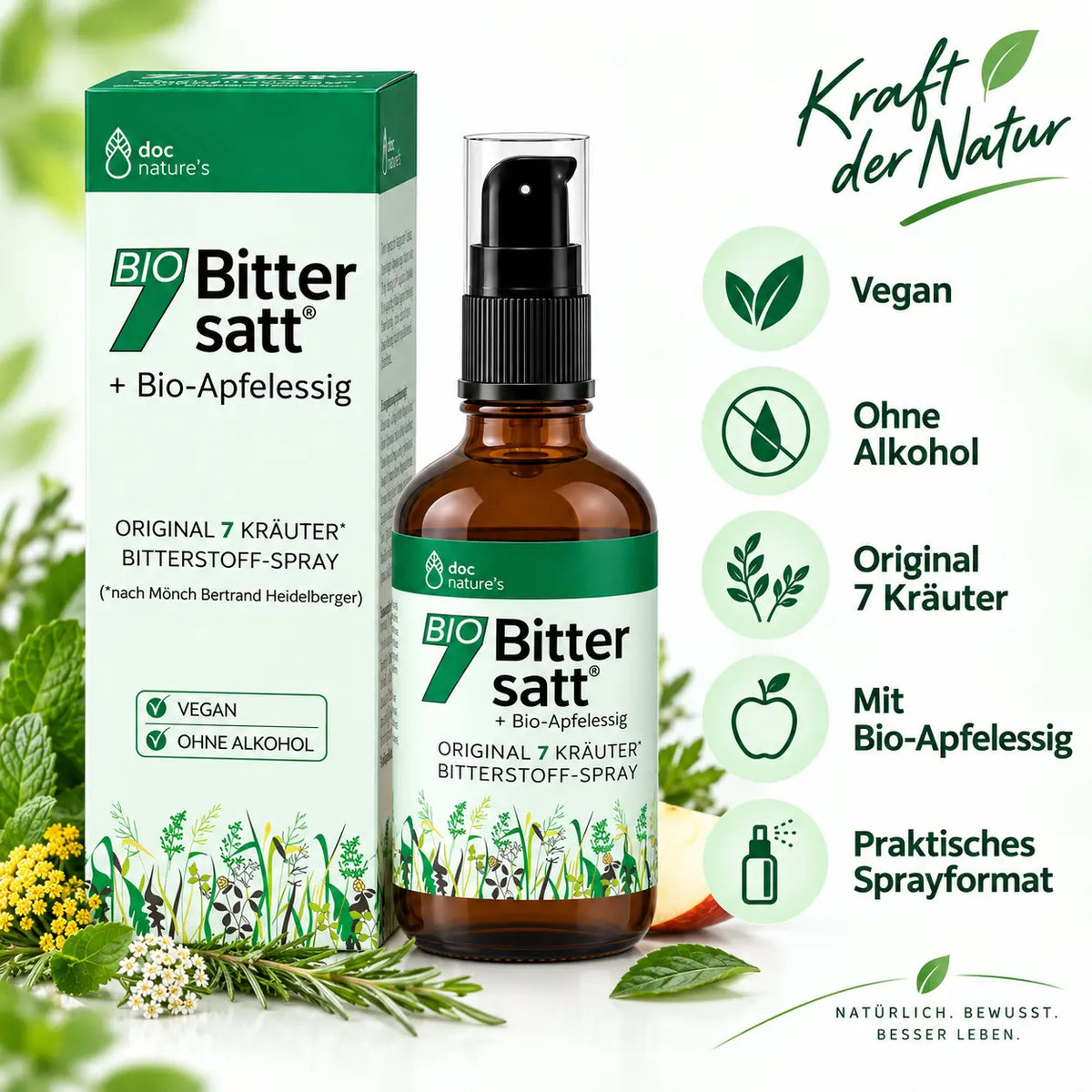 doc nature’s BIO 7 Bittersatt Spray – vegan, ohne Alkohol, mit 7 Kräutern und Bio-Apfelessig