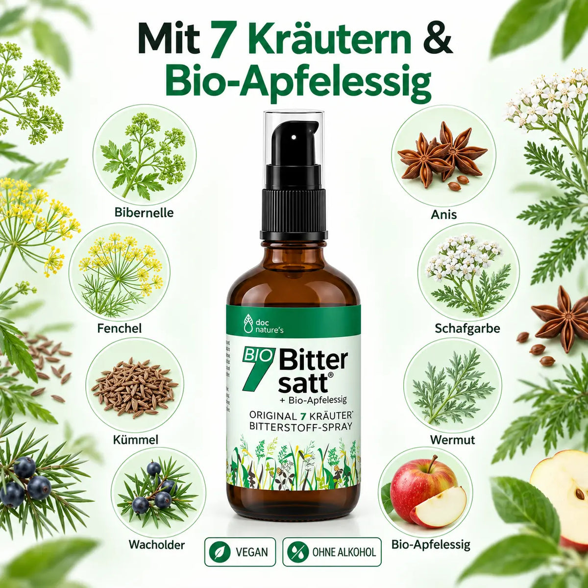BIO 7 Bittersatt Spray mit Bibernelle, Fenchel, Kümmel, Wacholder, Anis, Schafgarbe, Wermut und Bio-Apfelessig