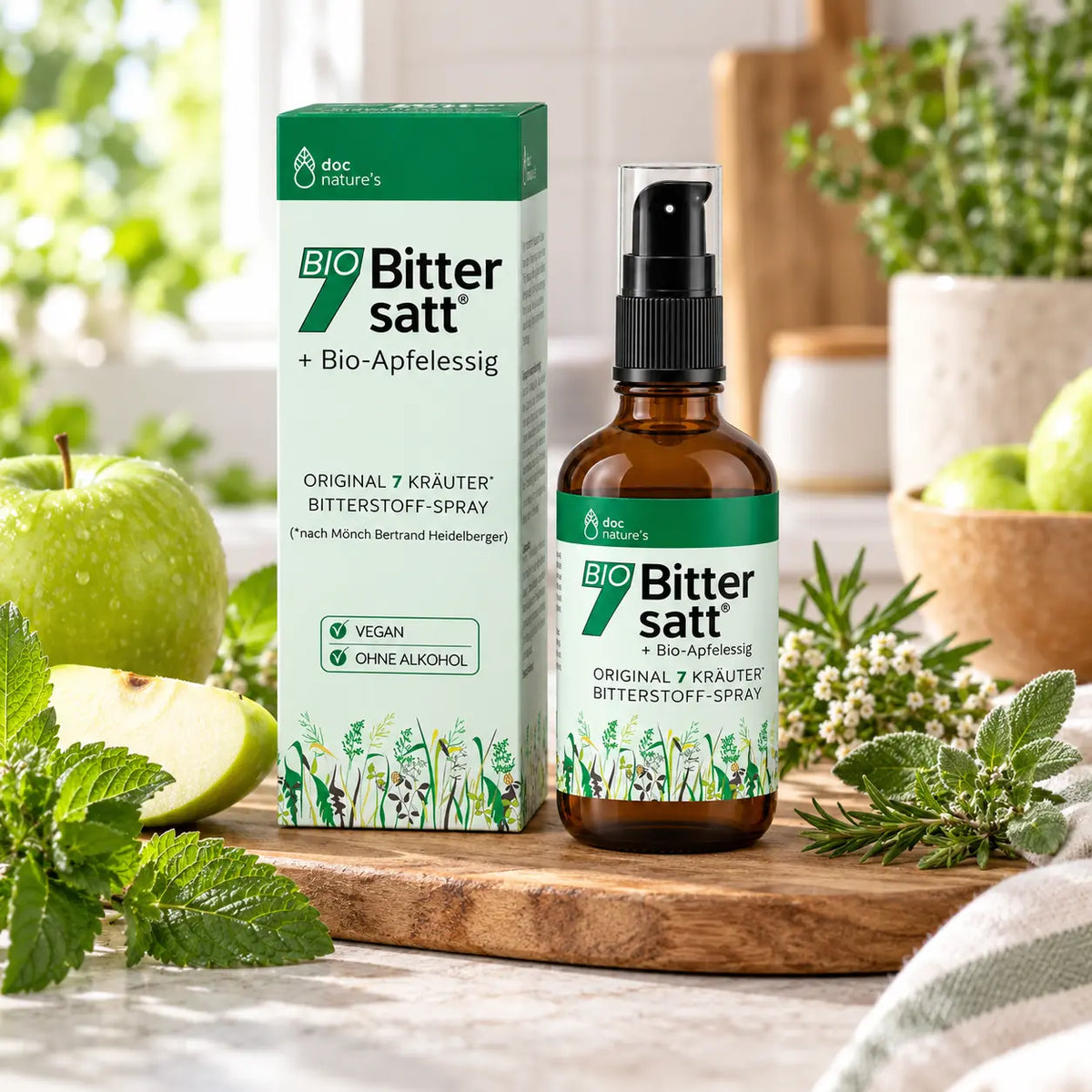 doc nature’s BIO 7 Bittersatt Spray mit Verpackung, Apfel und Kräutern in natürlicher Küchenumgebung