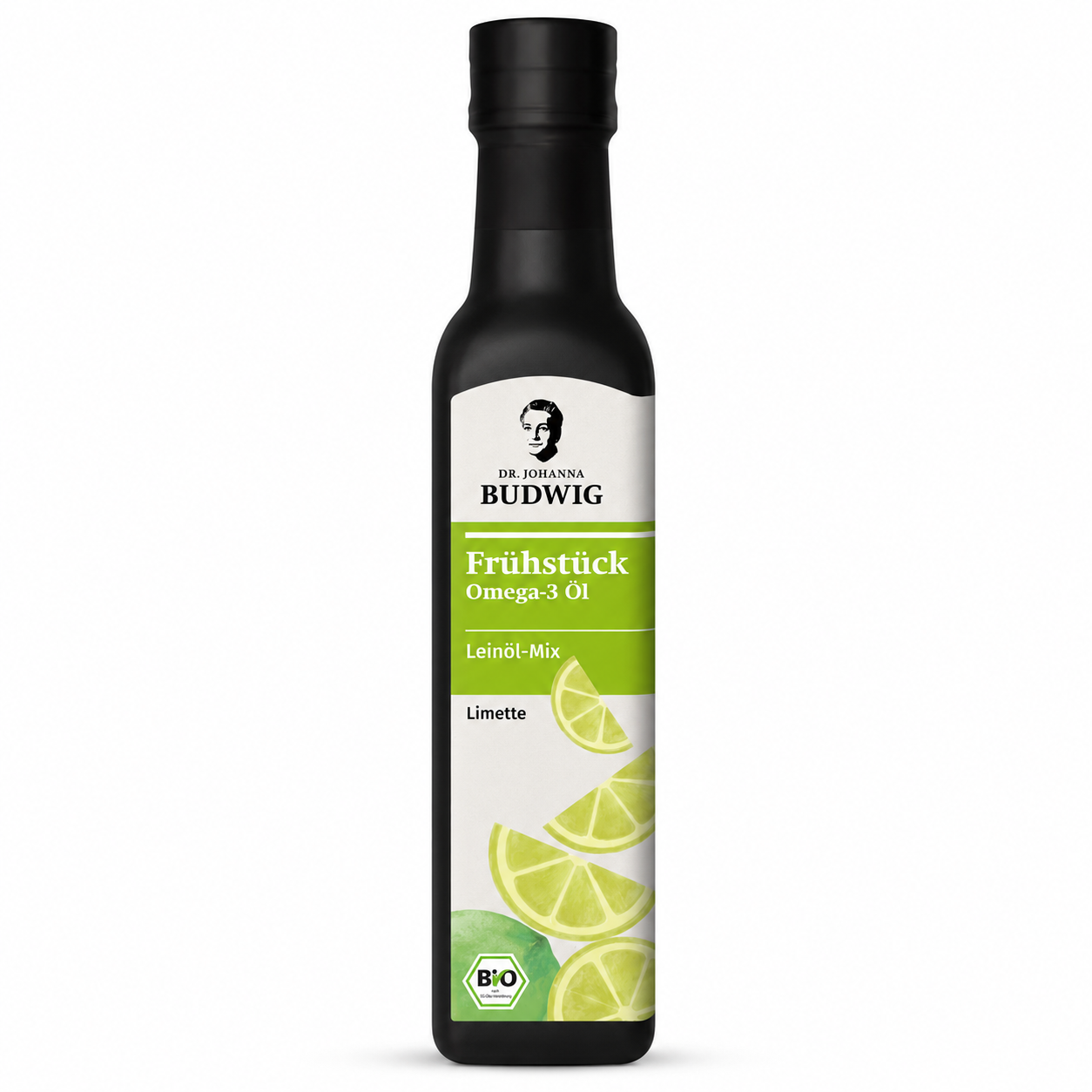 Dr. Budwig Bio Omega-3 Frühstücksöl Limette 250 ml in schwarzer Flasche