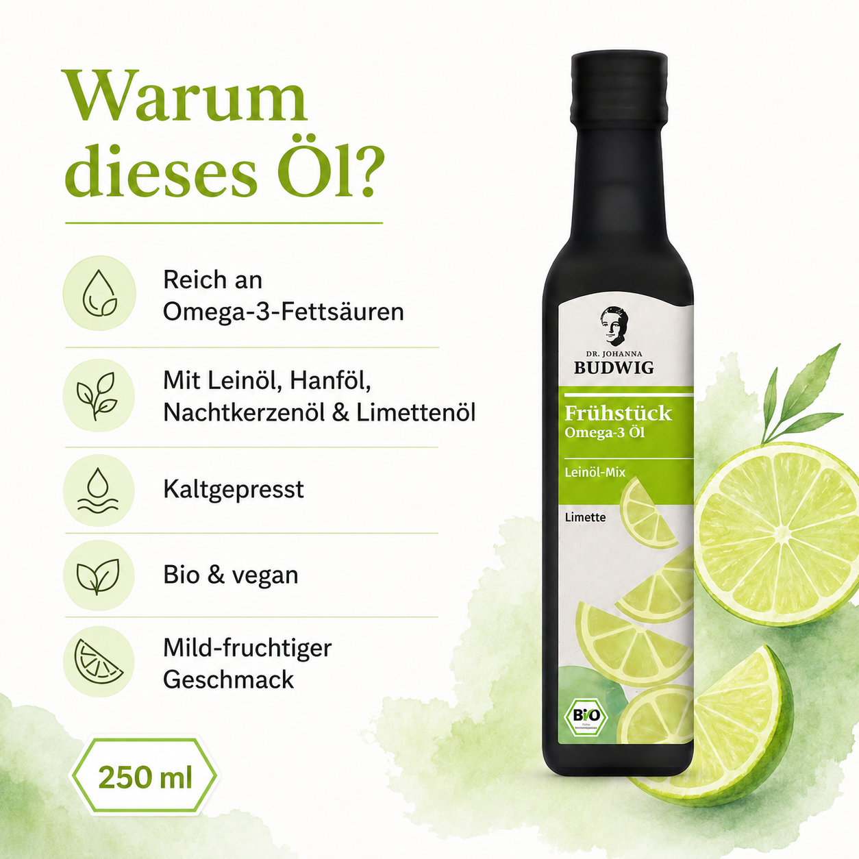 Produkteigenschaften des Dr. Budwig Frühstücksöls Limette mit Omega-3, Bio-Qualität und kaltgepressten Ölen