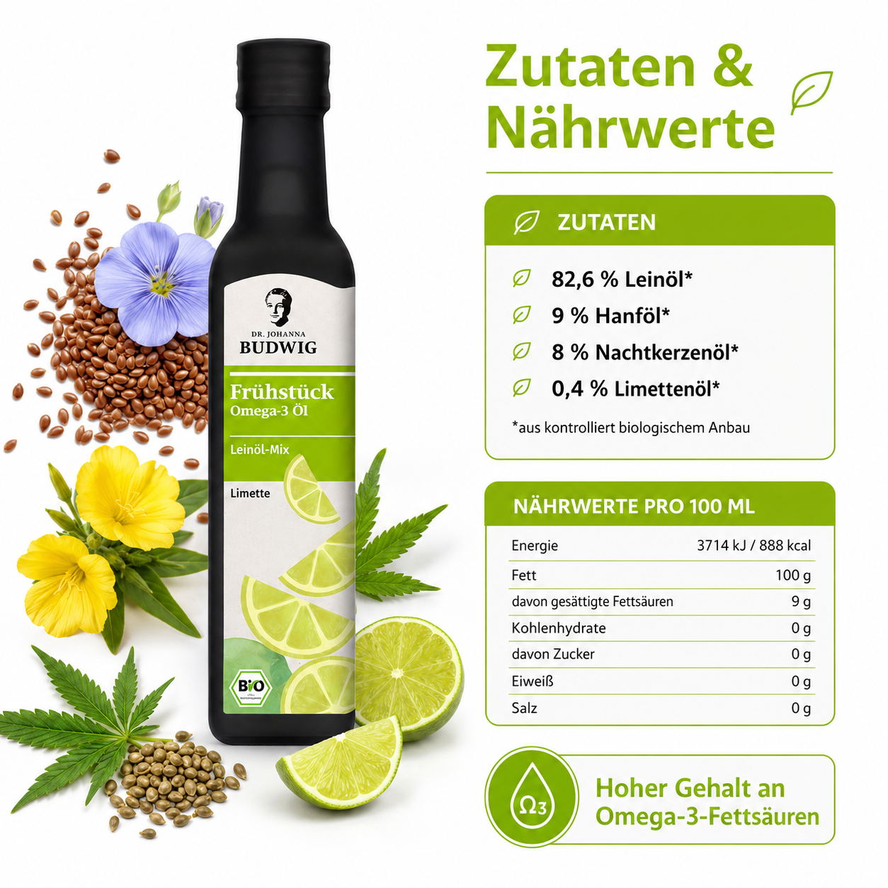 Zutaten und Nährwerte des Dr. Budwig Bio Omega-3 Frühstücksöls Limette