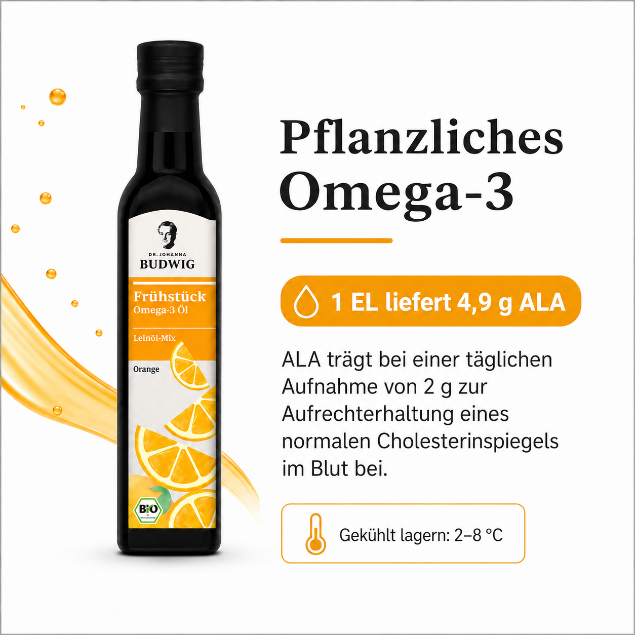 Dr. Budwig Frühstücksöl Orange mit 4,9 g ALA pro Esslöffel und hohem Gehalt an Omega-3-Fettsäuren