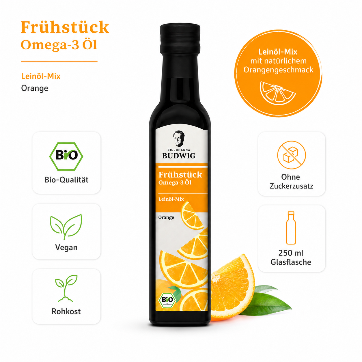 Dr. Budwig Frühstücksöl Orange 250 ml – bio, vegan, Rohkost und ohne Zuckerzusatz