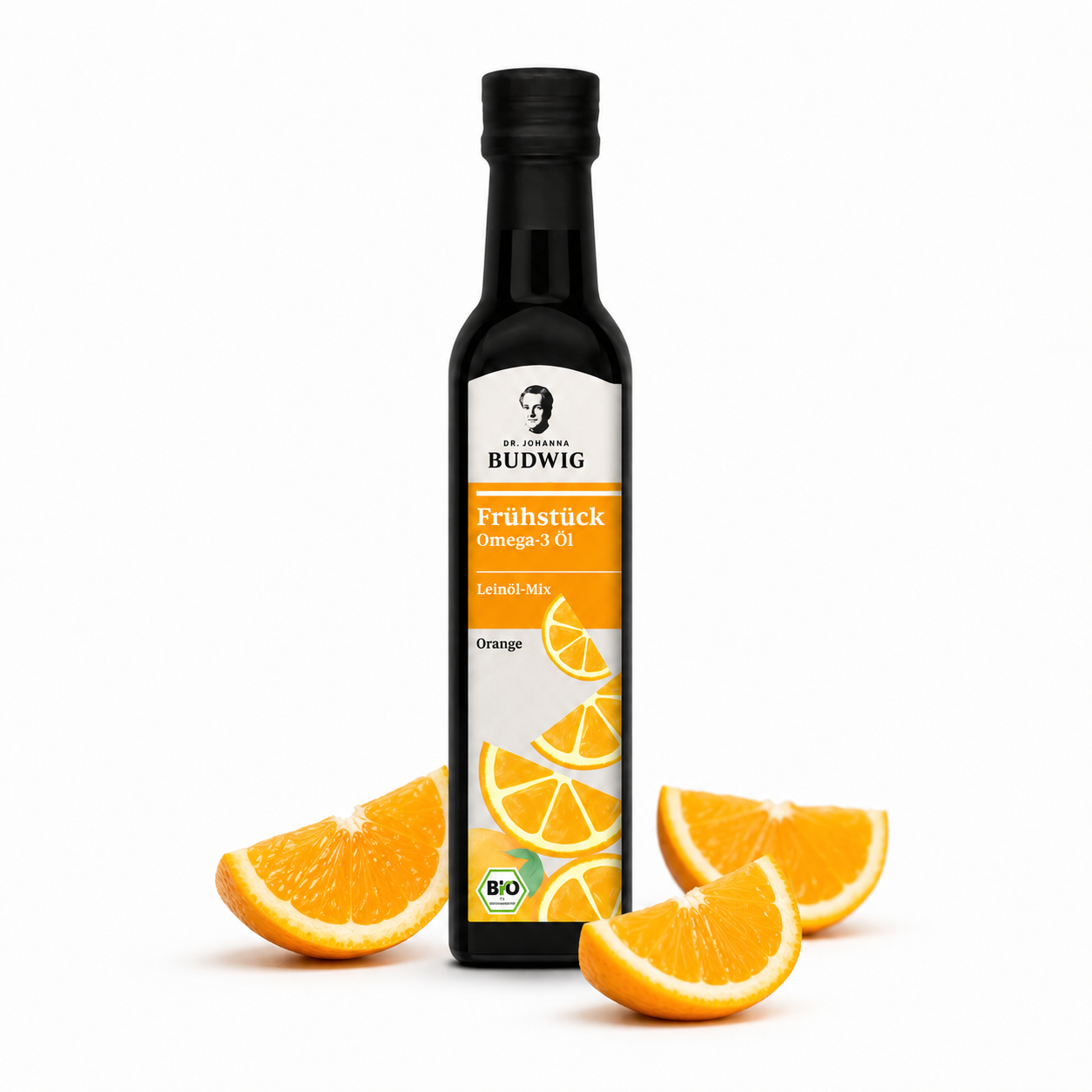 Dr. Budwig Omega-3 Frühstücksöl Orange 250 ml mit frischen Orangenspalten
