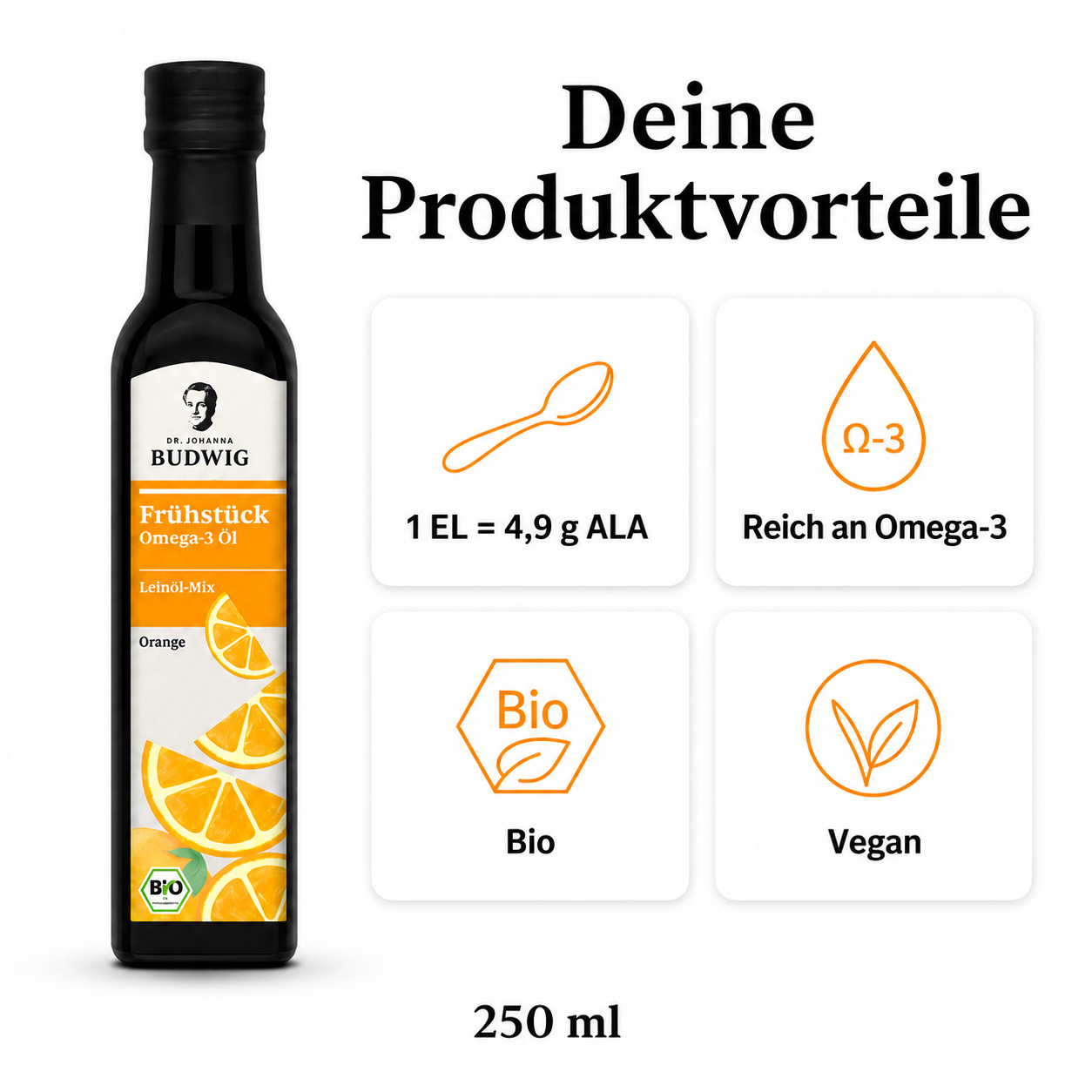 Produktvorteile des Dr. Budwig Frühstücksöls: 4,9 g ALA pro Esslöffel, reich an Omega-3, bio und vegan