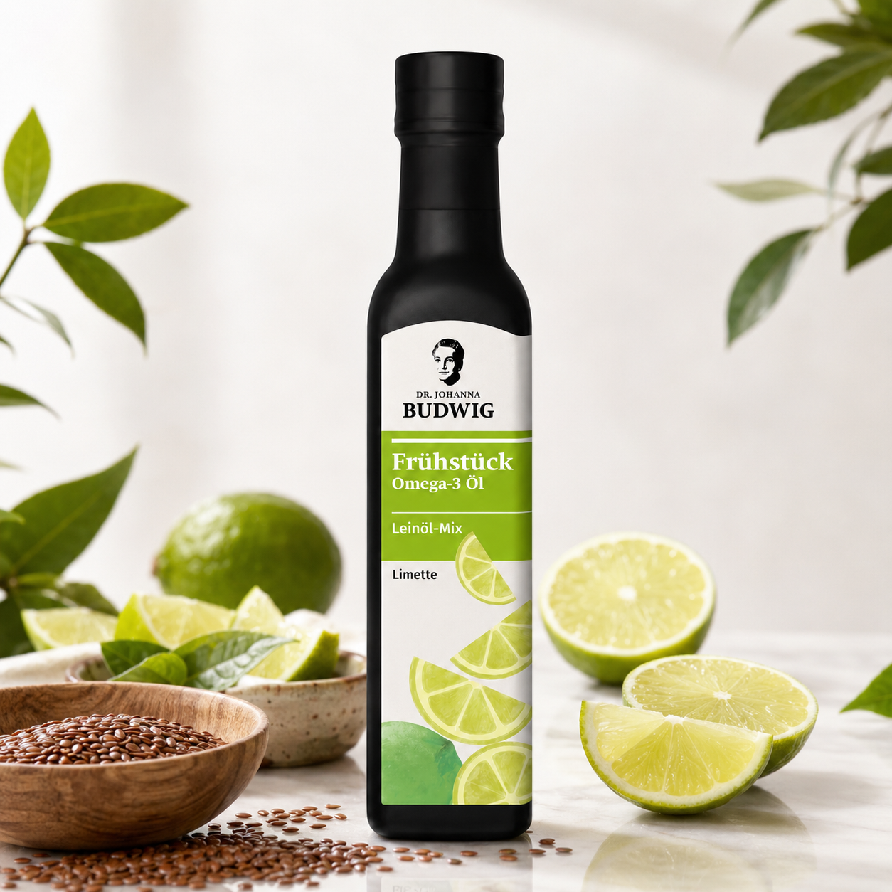 Dr. Budwig Omega-3 Frühstücksöl Limette mit frischen Limetten und Leinsamen