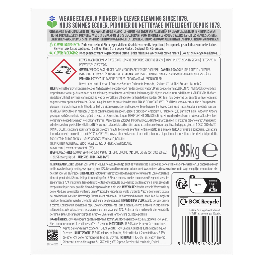 Ecover Sensitive Zero Waschpulver 0,95 kg Rückseite mit Inhaltsstoffen und Anwendungshinweisen