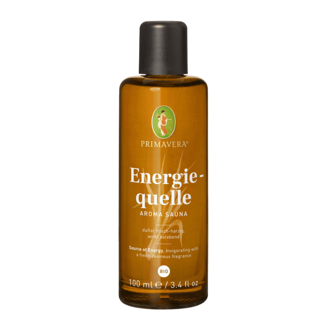 Energiequelle Aroma Sauna Konzentrat Bio 100ml PRIMAVERA – belebender Saunaaufguss mit Lemongrass, Zedernholz und Minze