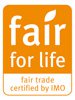 Orangefarbenes Siegel der „Fair for Life“-Zertifizierung mit weißem Schriftzug „fair for life“ und dem Zusatz „fair trade certified by IMO“.