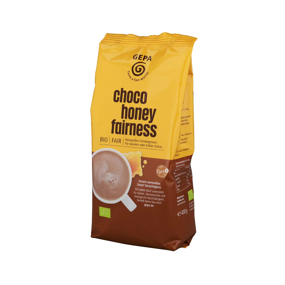 GEPA Bio Choco Honey Fairness – Bio Kakao mit Honig, faire Zutaten, Seitenansicht der Verpackung