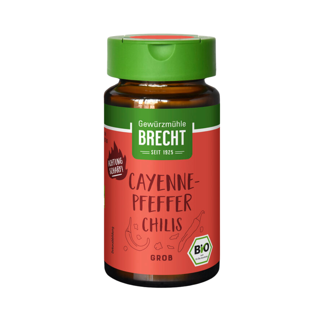 Gewürzmühle Brecht Cayennepfeffer grob gemahlen Bio 25 g im Glas Vorderseite
