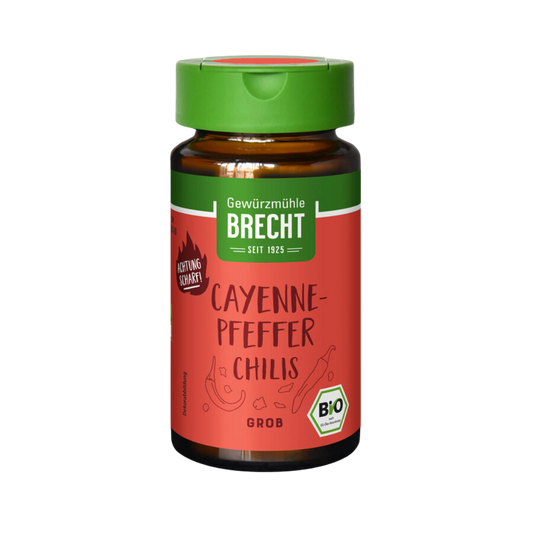 Gewürzmühle Brecht Cayennepfeffer grob gemahlen Bio 25 g im Glas Vorderseite