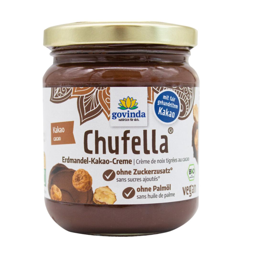 Govinda Chufella Kakaocreme 220g Glas Vorderseite – Bio Erdmandel Kakao Creme ohne Zuckerzusatz, vegan und palmölfrei
