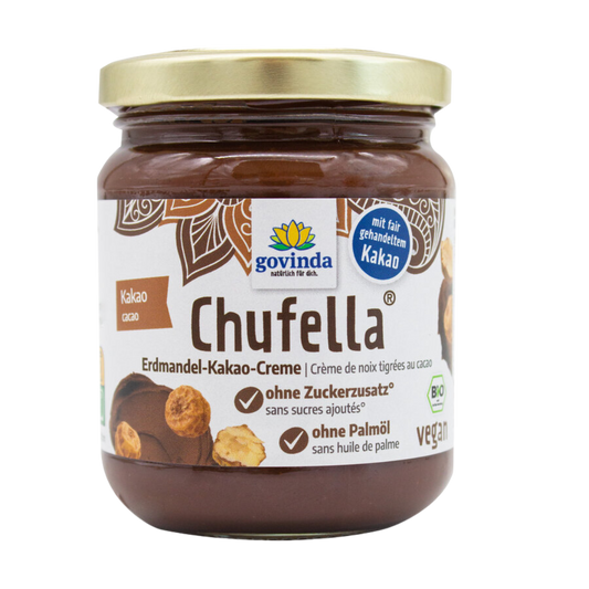 Govinda Chufella Kakaocreme 220g Glas Vorderseite – Bio Erdmandel Kakao Creme ohne Zuckerzusatz, vegan und palmölfrei