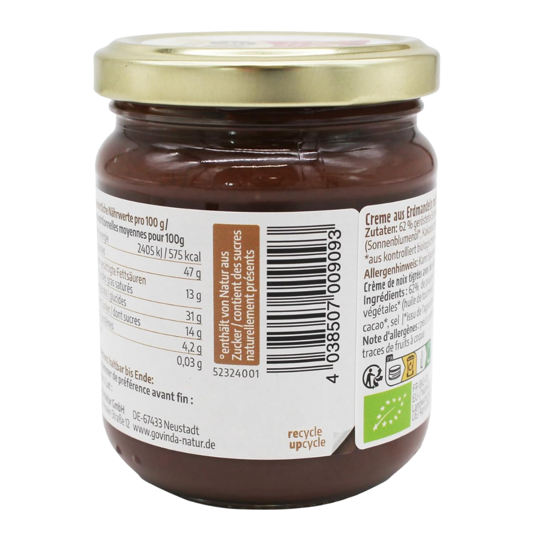 Govinda Chufella Kakaocreme 220g Glas Rückseite mit Zutatenliste und Nährwertangaben – Bio Erdmandel Kakao Creme ohne Palmöl
