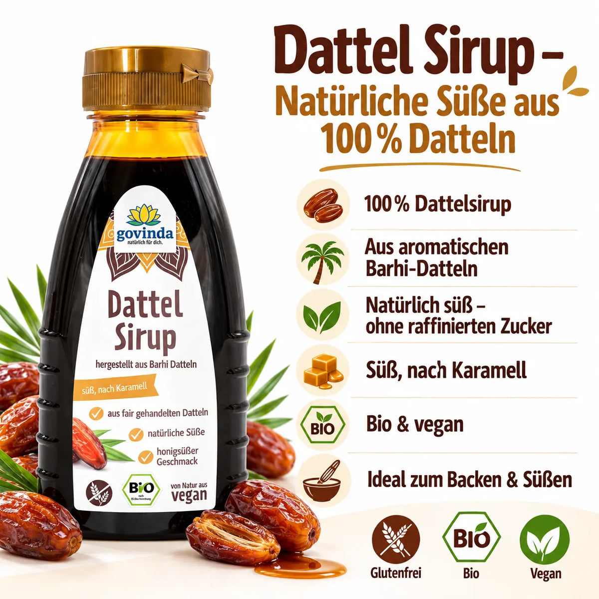 Govinda Dattelsirup 250 g – Bio, vegan, glutenfrei und aus Barhi-Datteln