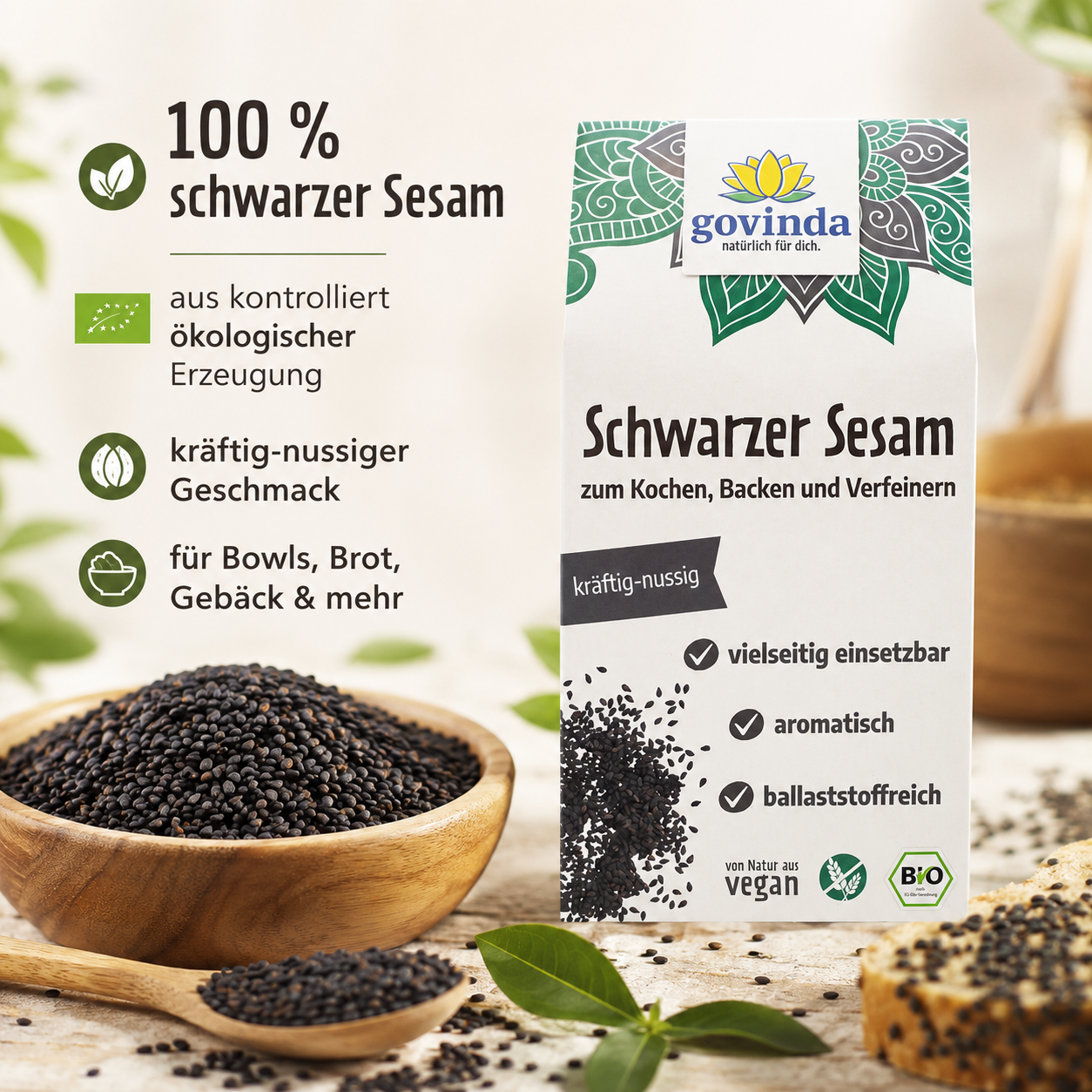 Govinda Bio Schwarzer Sesam mit kräftig-nussigem Geschmack für Bowls, Brot und Gebäck