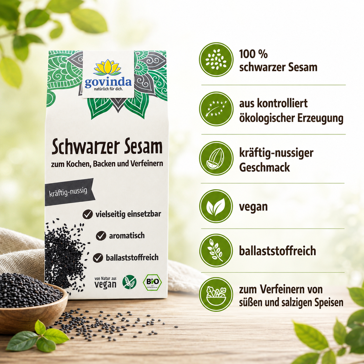 Govinda Schwarzer Sesam Bio vegan und ballaststoffreich in der 200-Gramm-Packung