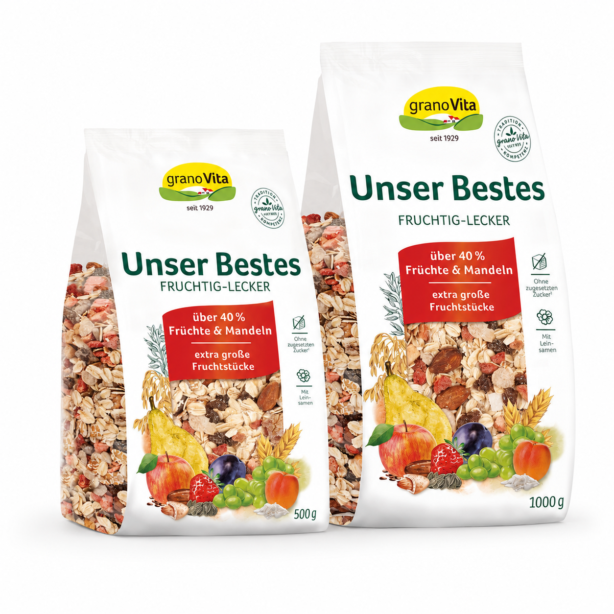 granoVita Unser Bestes Fruchtig-Lecker Müsli in den Größen 500 g und 1000 g vor weißem Hintergrund
