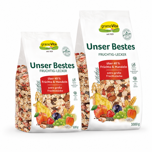 granoVita Unser Bestes Fruchtig-Lecker Müsli in den Größen 500 g und 1000 g vor weißem Hintergrund