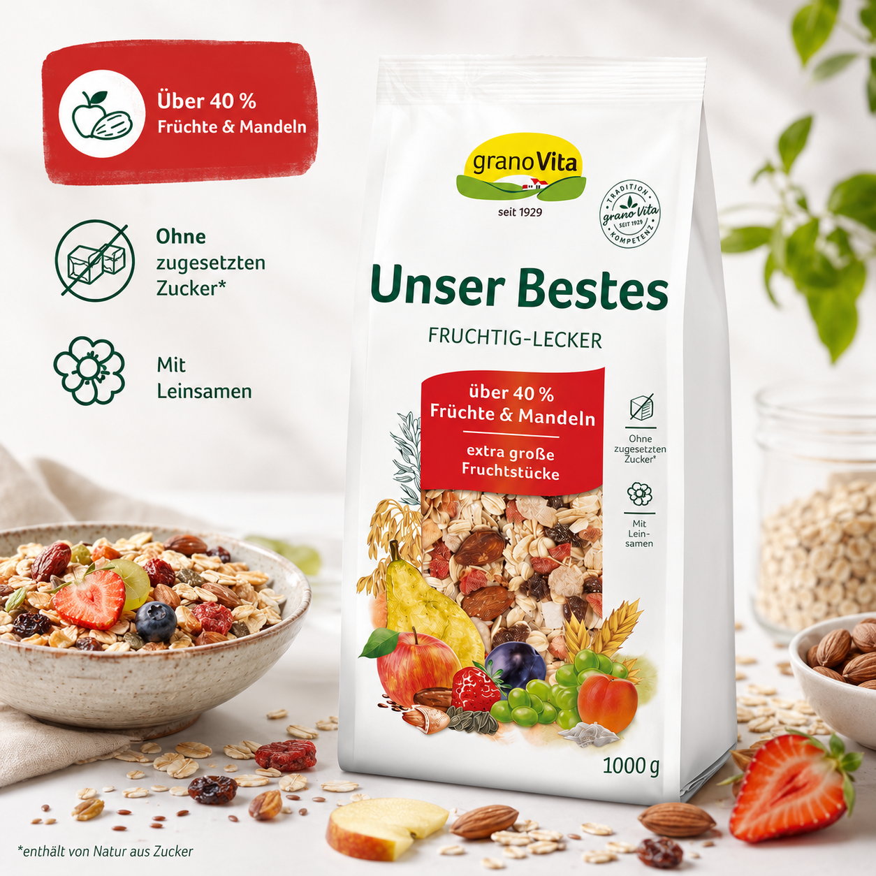 granoVita Unser Bestes Müsli mit über 40 Prozent Früchten und Mandeln, ohne zugesetzten Zucker und mit Leinsamen