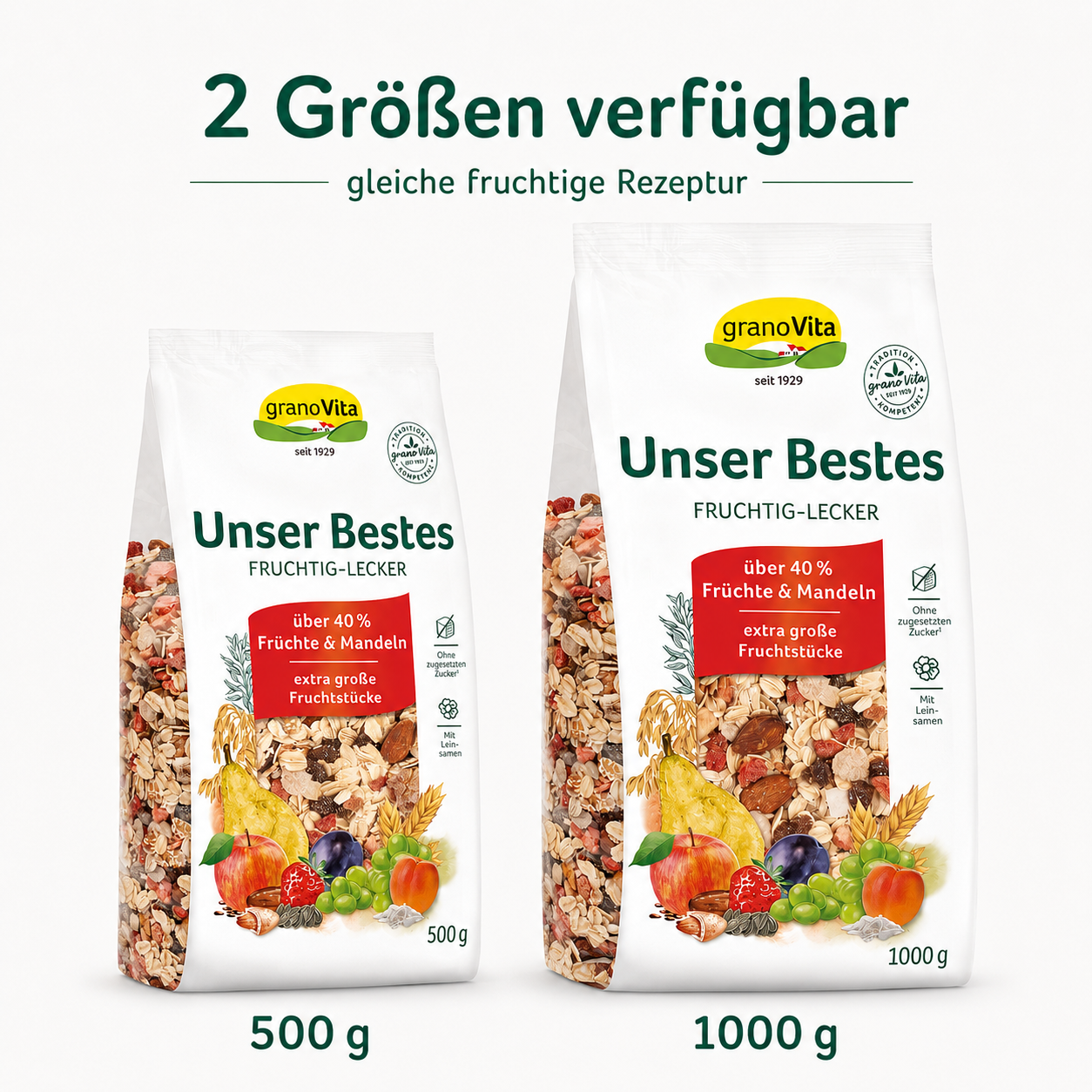 Größenvergleich des granoVita Unser Bestes Müslis mit 500-g- und 1000-g-Beutel